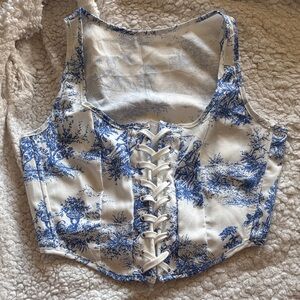 Blue & White Lace-Up Toile Crop Top